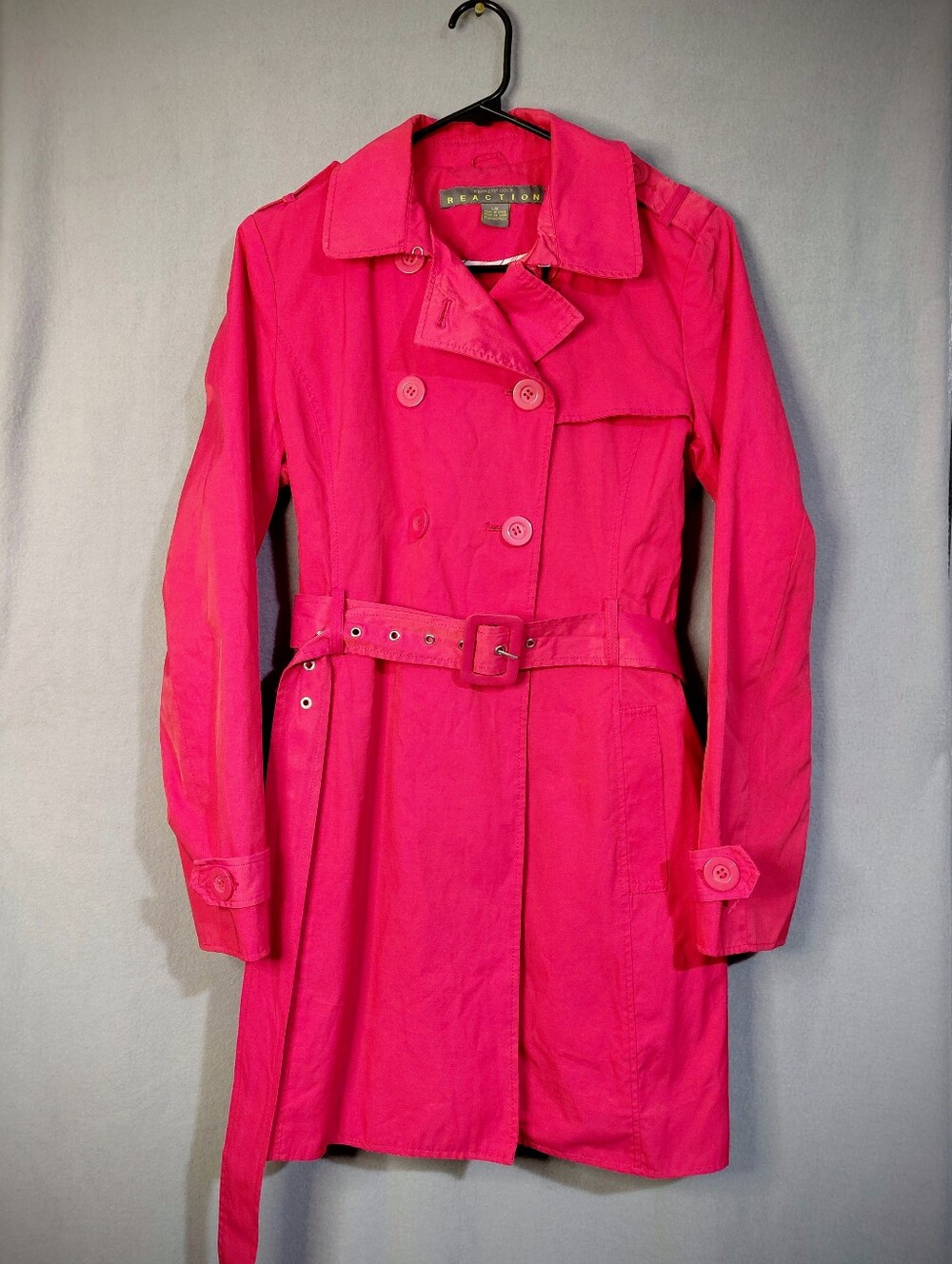 Kenneth Cole Reaction Bright Pink Double-Breasted Trench Coat with Belt Sz L